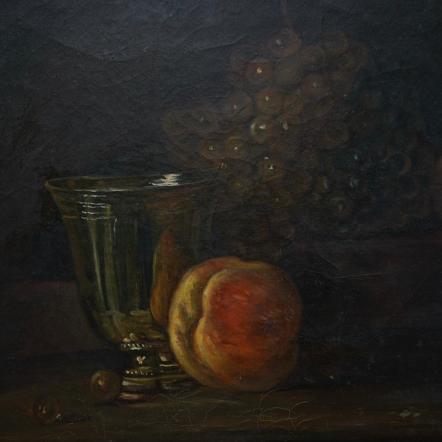 Early 20th Century Oil Painting After Chardin – Still Life with Silver Goblet, Peach & Grapes