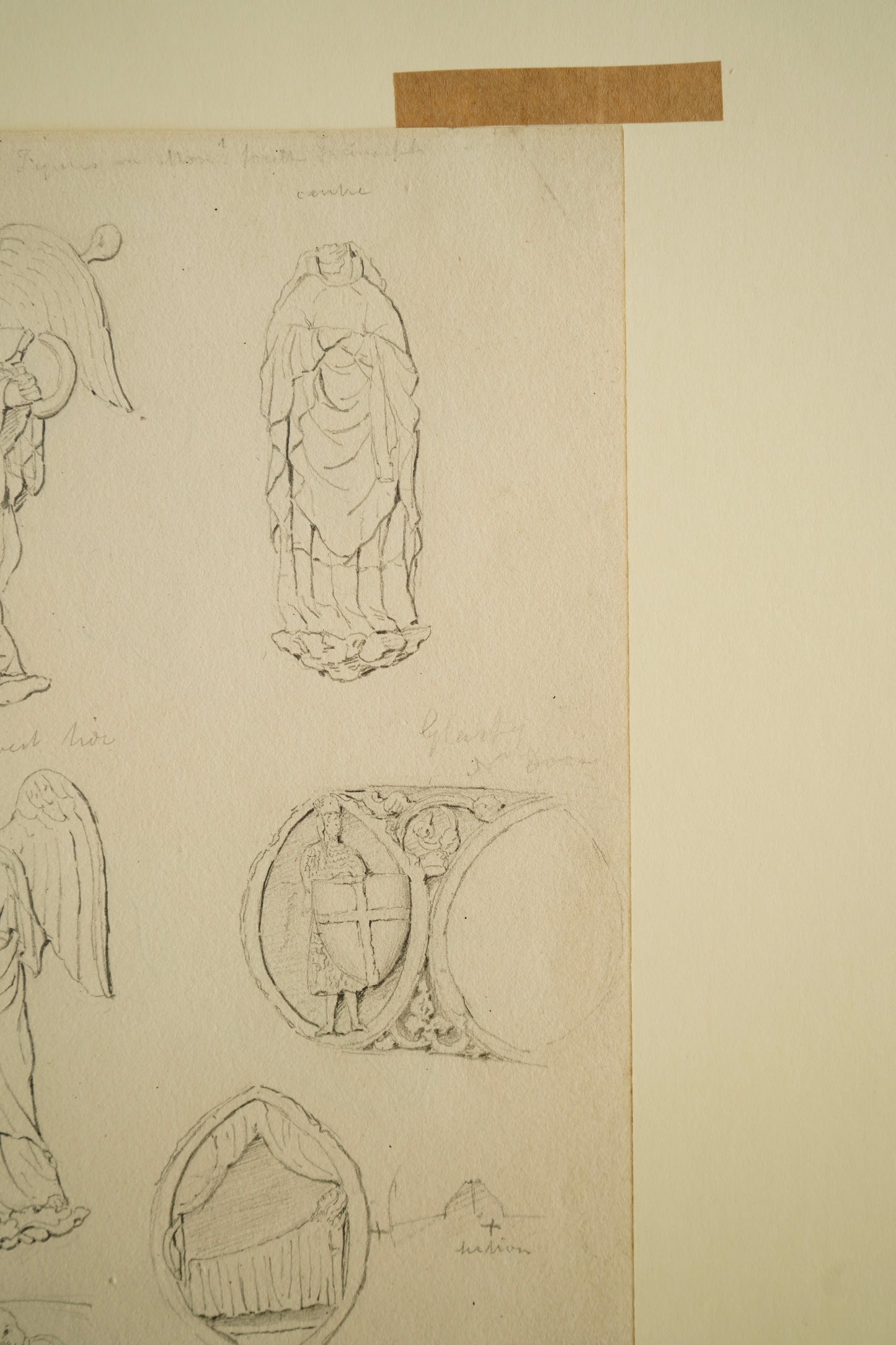 19th-Century Architectural Drawing Attributed to Henry Shaw | Angelic Figures & Glastonbury Chapel Ornament