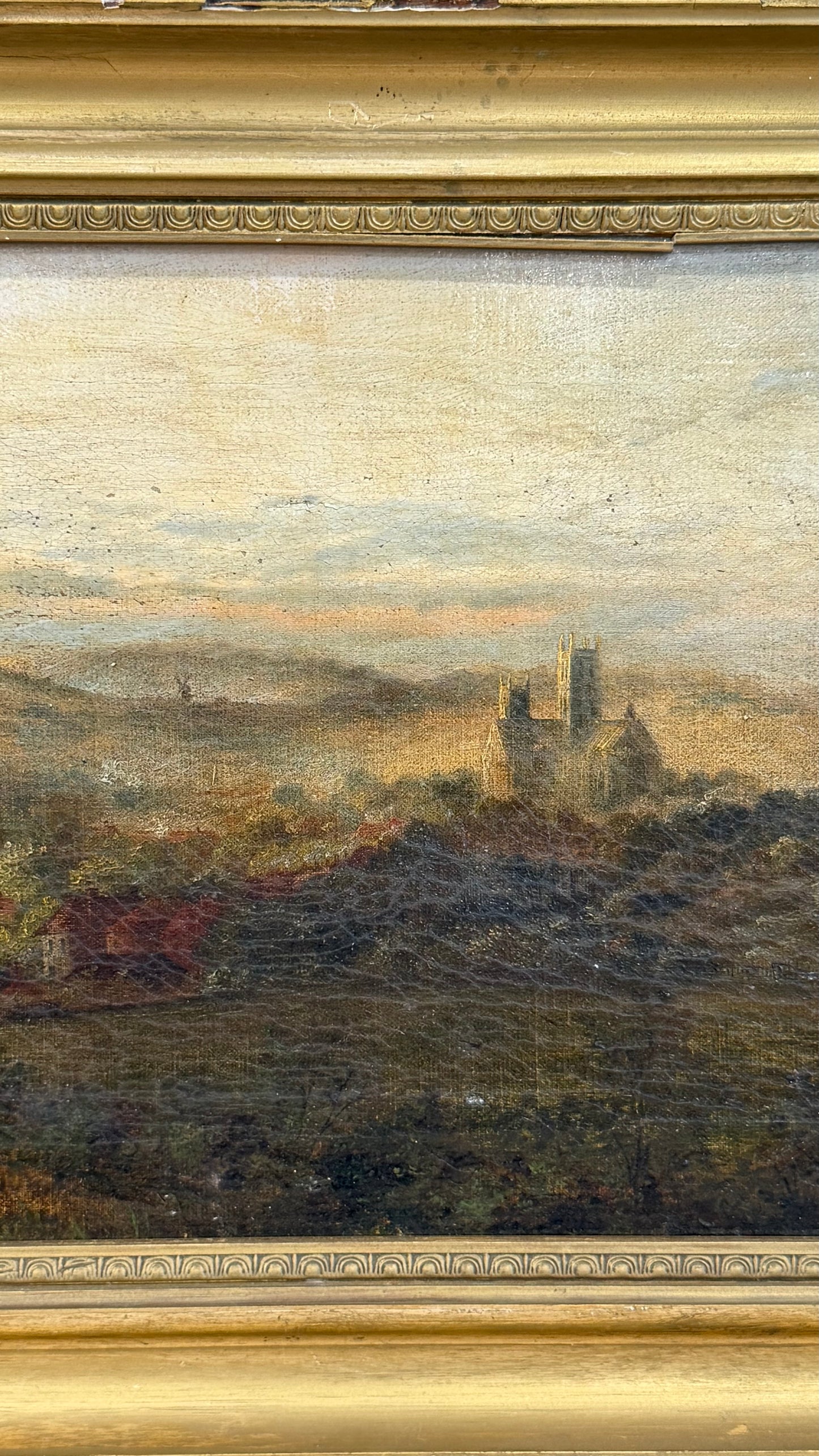 Antique English Oil Painting, Yorkshire Landscape with Ruins, Attributed to P. Carter, 19th Century