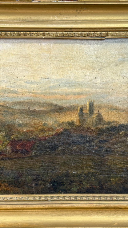 Antique English Oil Painting, Yorkshire Landscape with Ruins, Attributed to P. Carter, 19th Century
