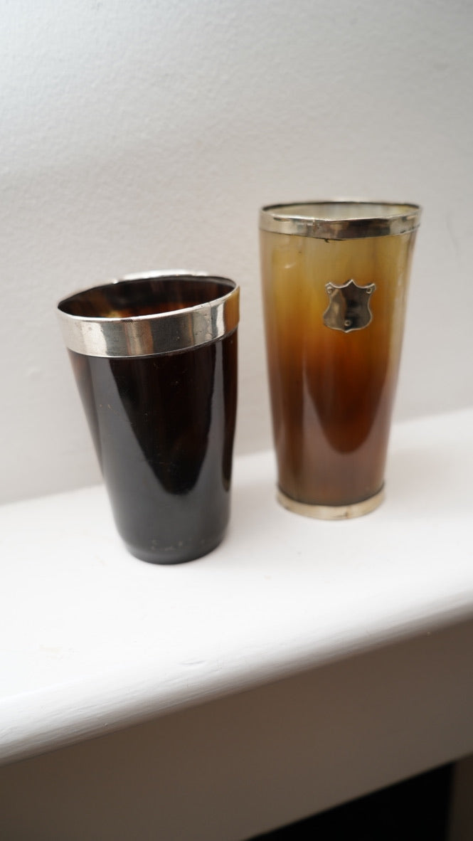 English Victorian Silver Mounted Steer Horn Cup with Shield, c. 1880–1910