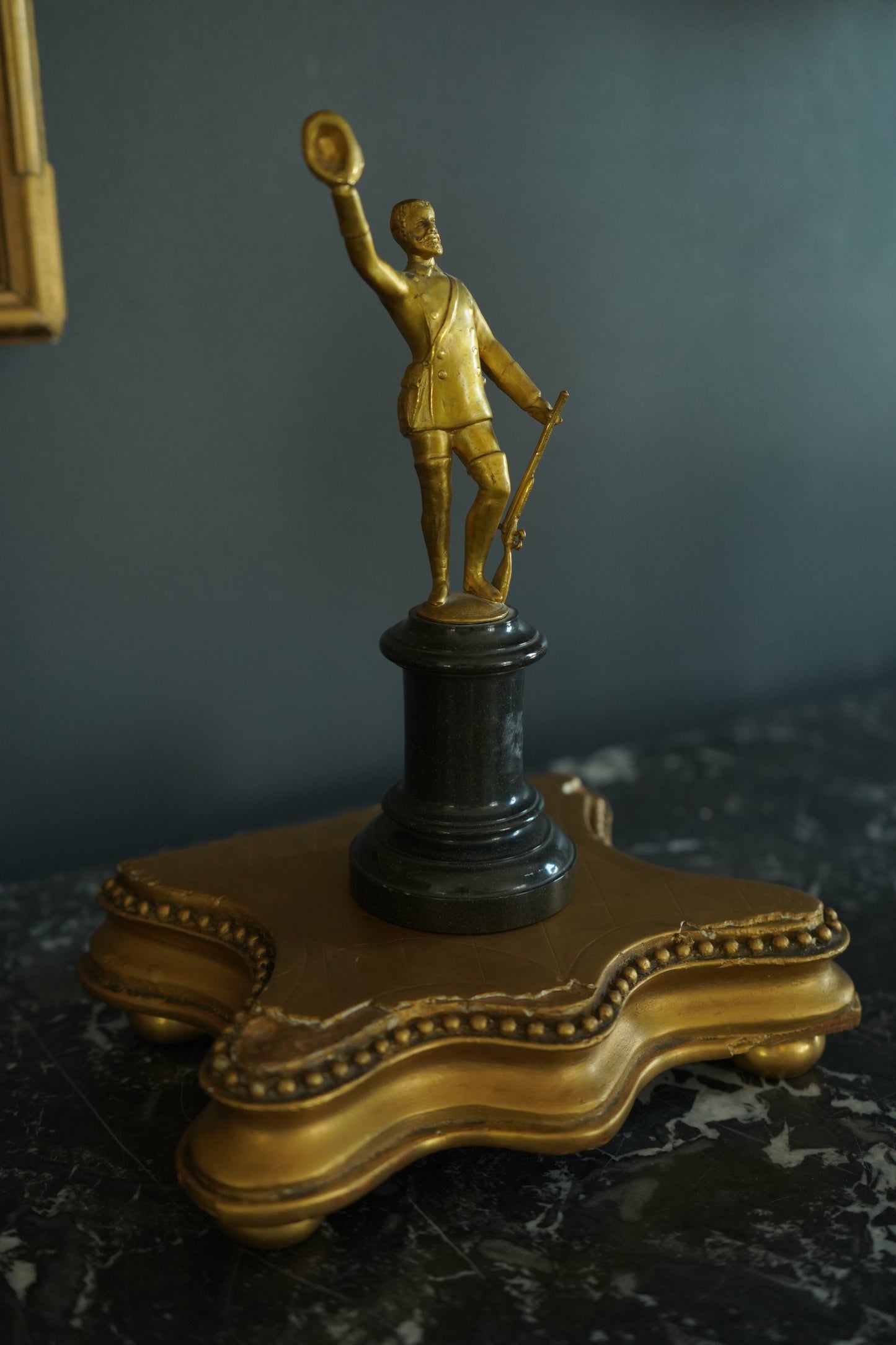 Late 19th to Early 20th Century Gilt Bronze Gentleman Officer Figurine on Black Marble Base