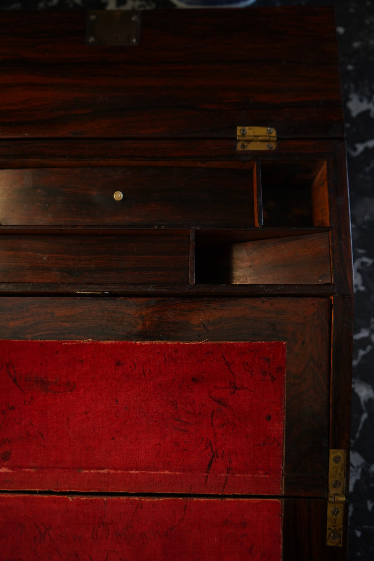 Antique Rosewood Writing Slope with Velvet Writing Surface and Inscriptions, Mid-19th Century