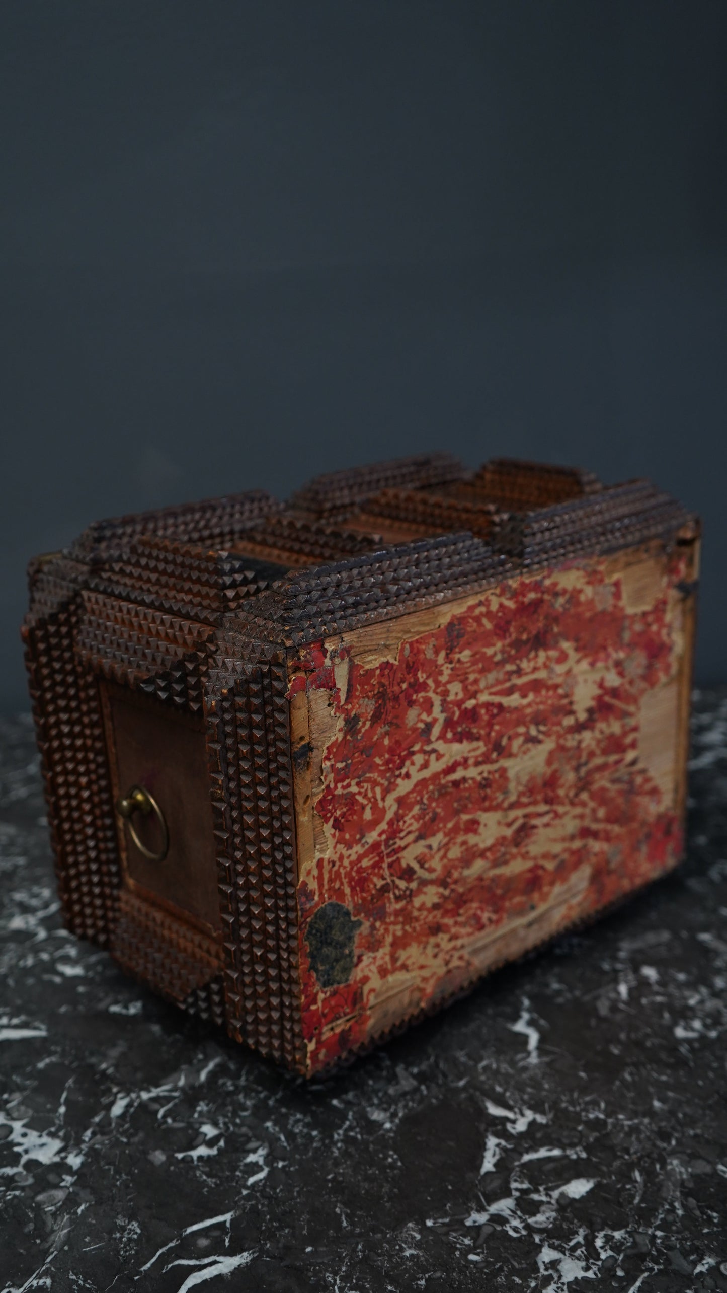 Antique Tramp Art Sewing Box with Drawers and Mirror, Hand-Carved Folk Art Keepsake Chest, Late 19th Century