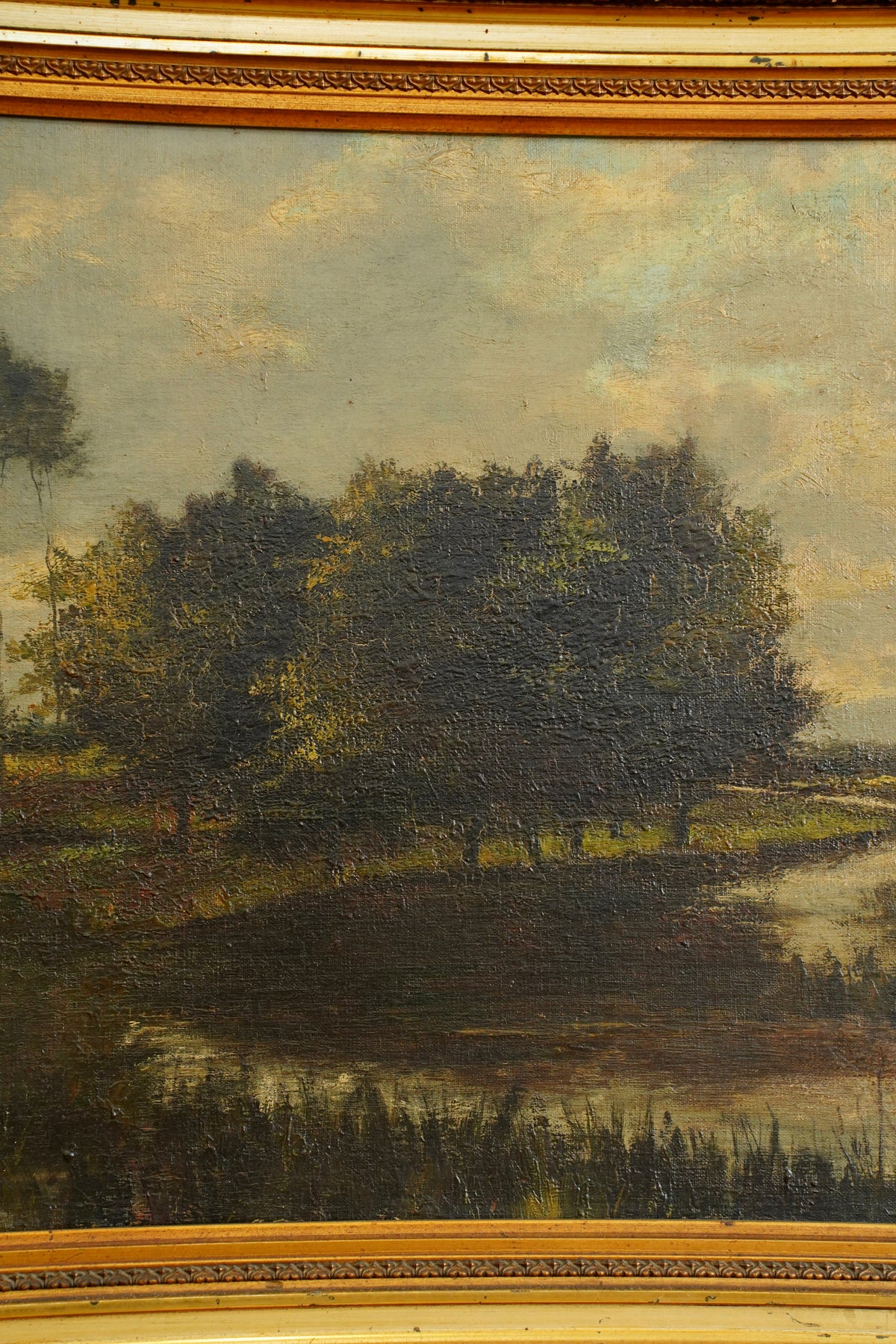 Antique European Moody River Landscape Oil Painting