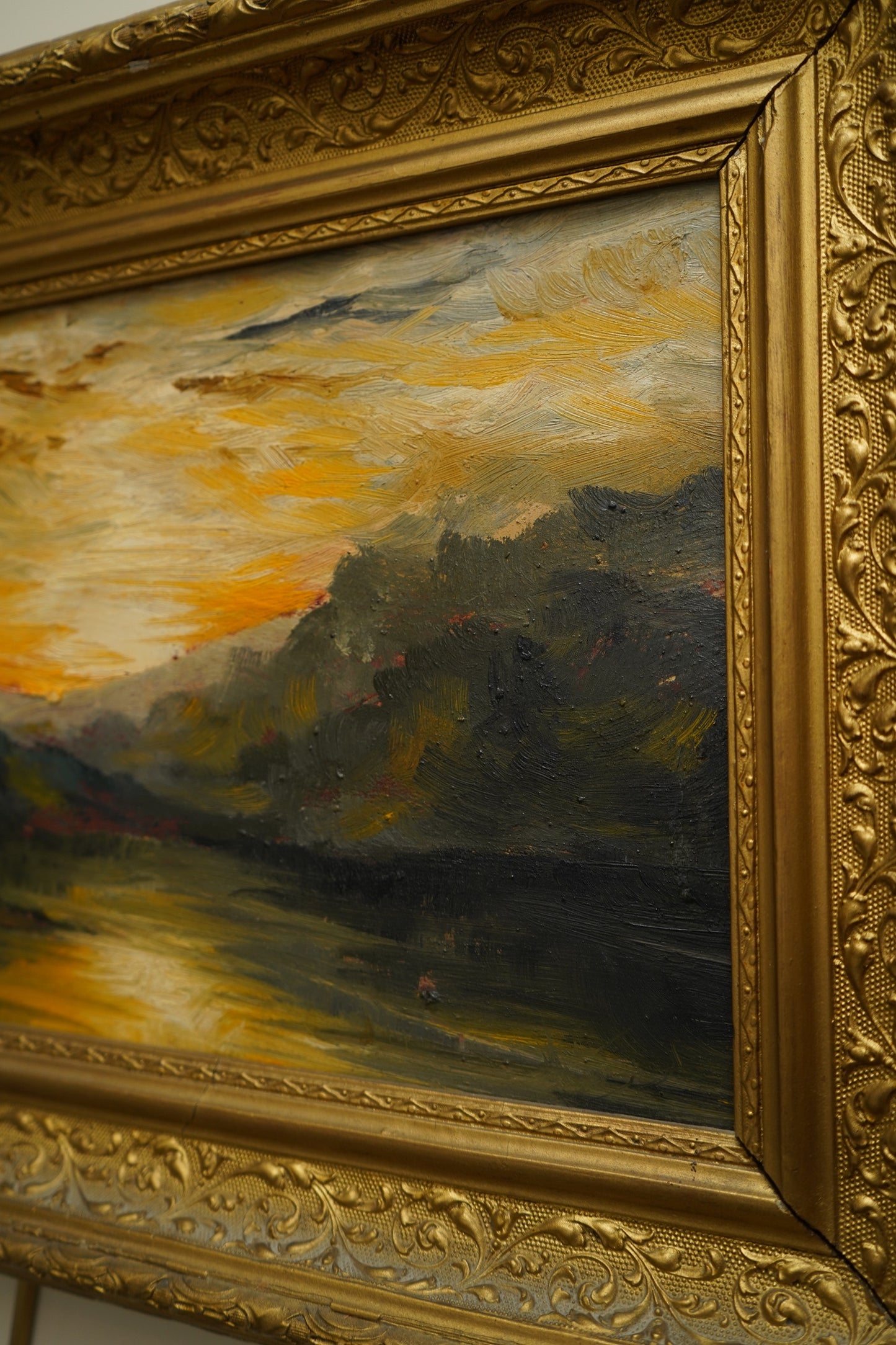 Early 20th Century Impressionist Oil Painting | Sunset Over River Valley in Gilt Frame