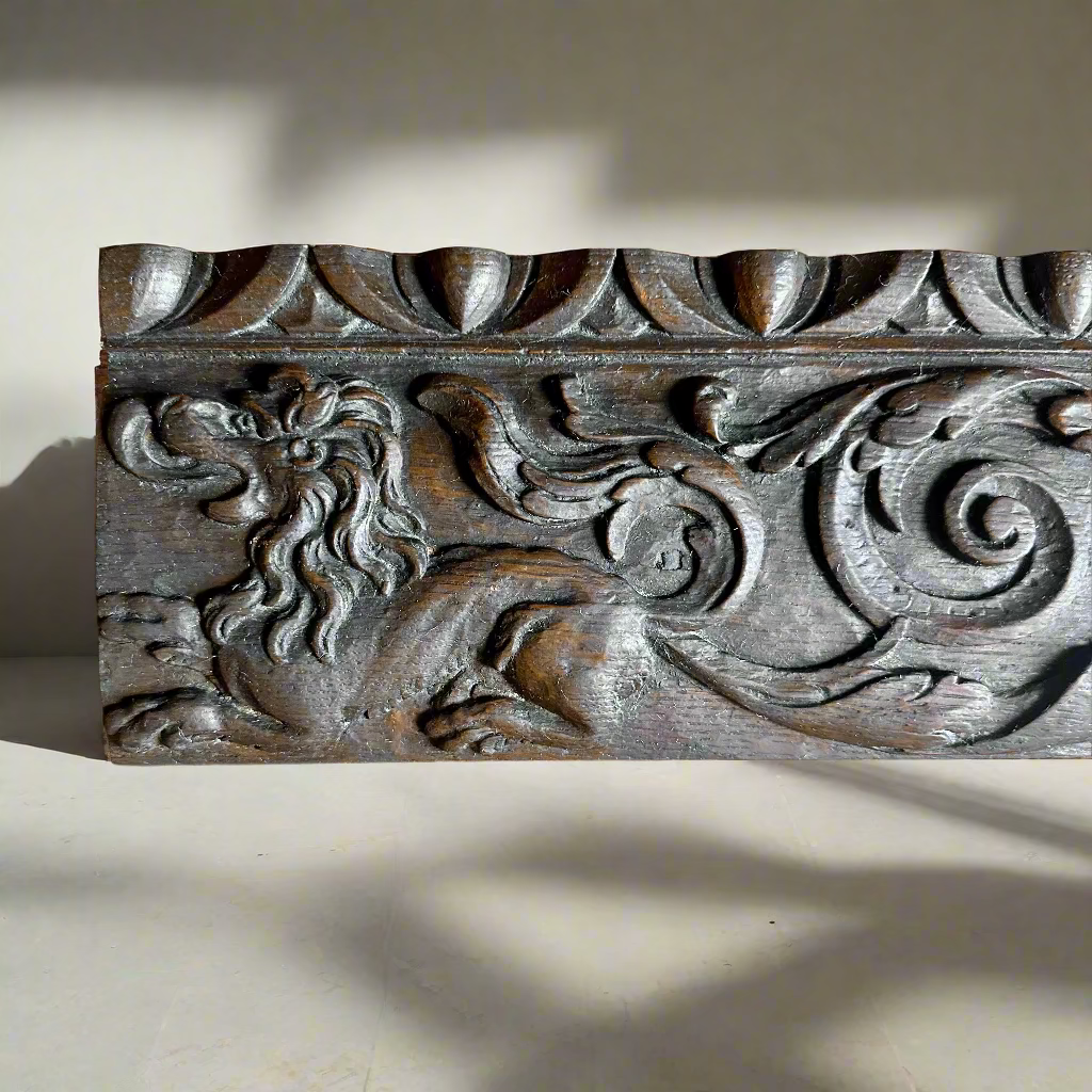 Antique Carved Oak Drawer Front | Renaissance Revival Lion, Grapevine & Acanthus | Architectural Salvage Wall Plaque c.1870–1900