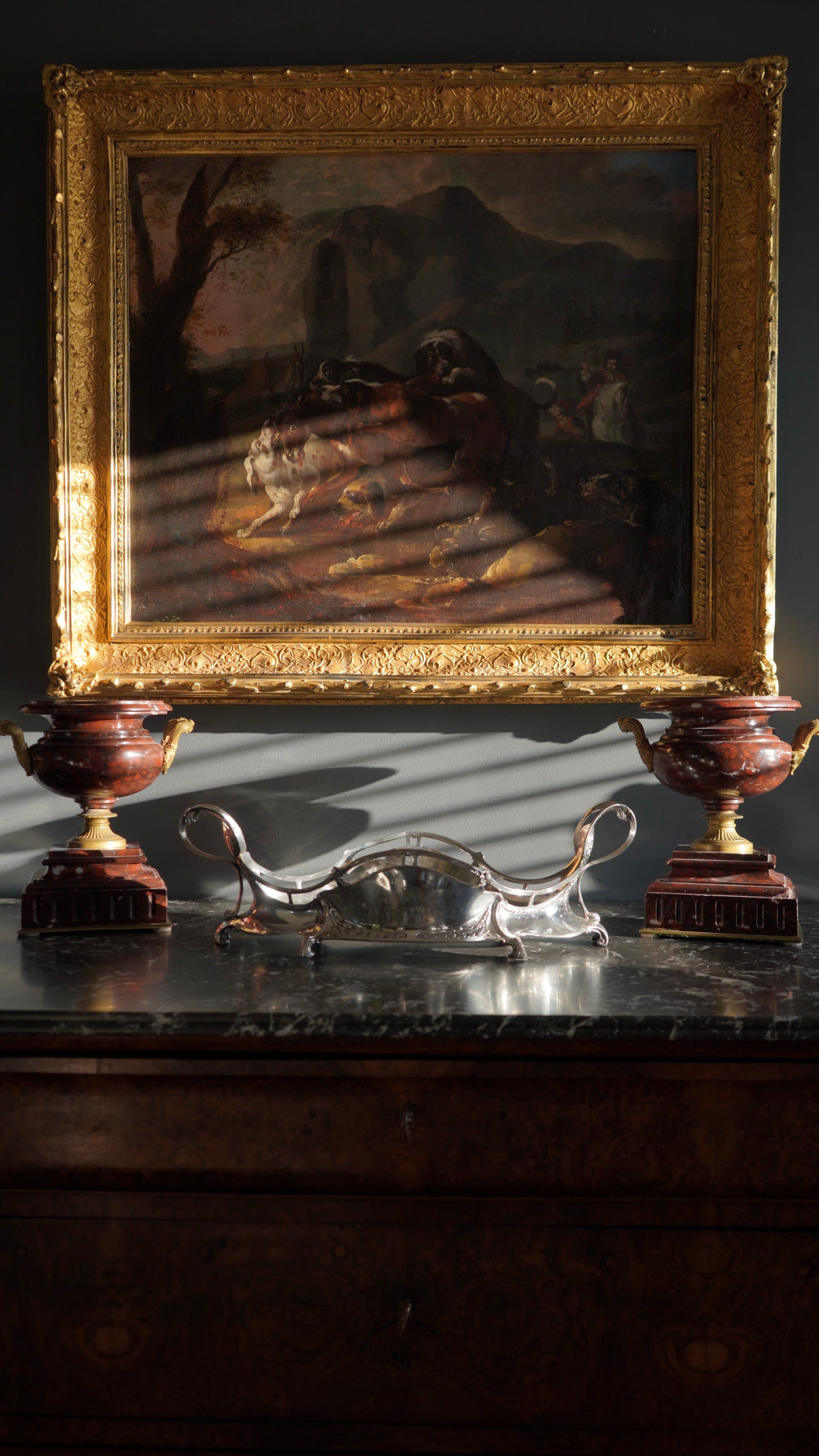 “Hounds Hunting Stag” – 18th Century French Oil Painting Attributed to the Fontainebleau Tradition