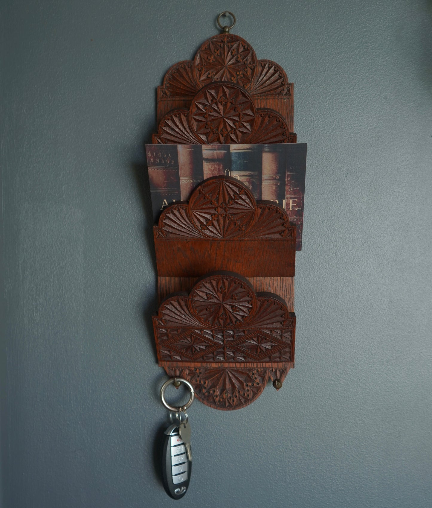 Antique Hand-Carved Oak Letter Rack with Key Hooks | Arts & Crafts Folk Carving c.1880–1910