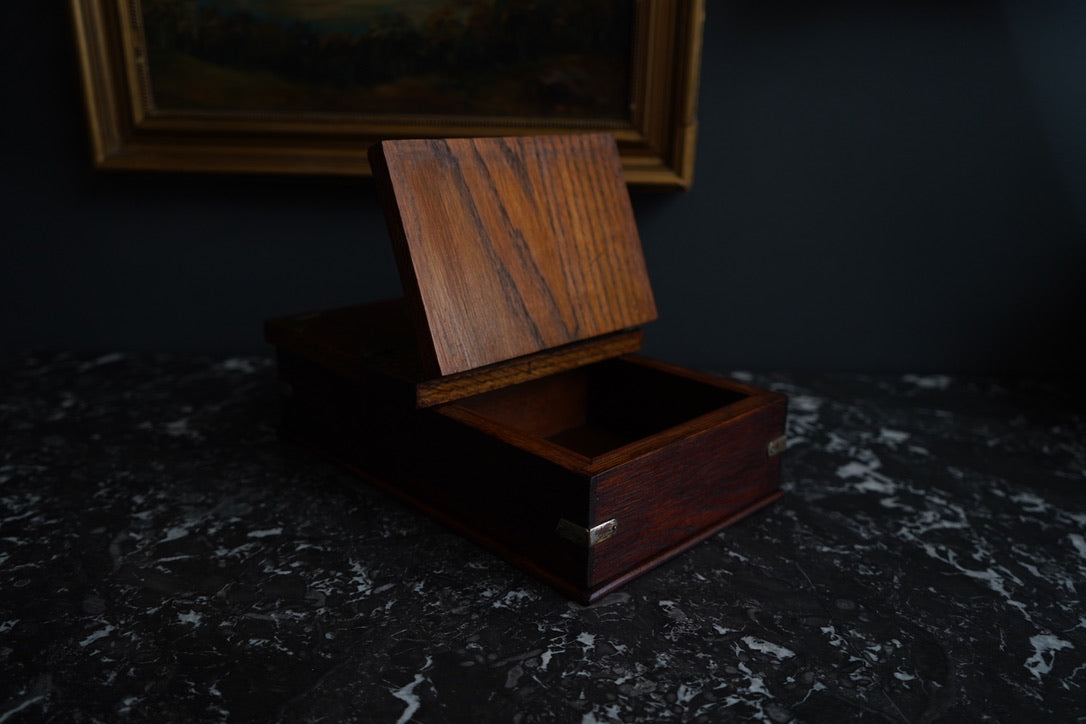 Antique Edwardian Oak & Silver-Plated Two-Compartment Stationery Box with Handle