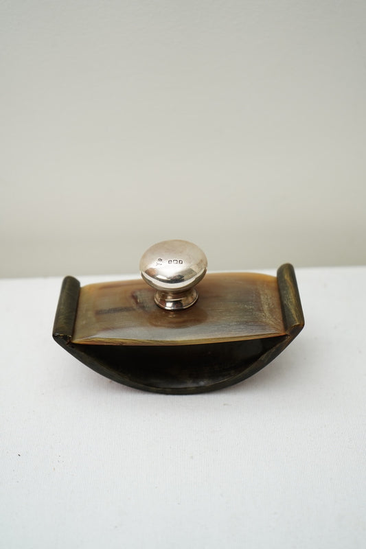 Antique Rocking Desk Ink Blotter, Horn and Hallmarked Silver Knop, English c. 1900