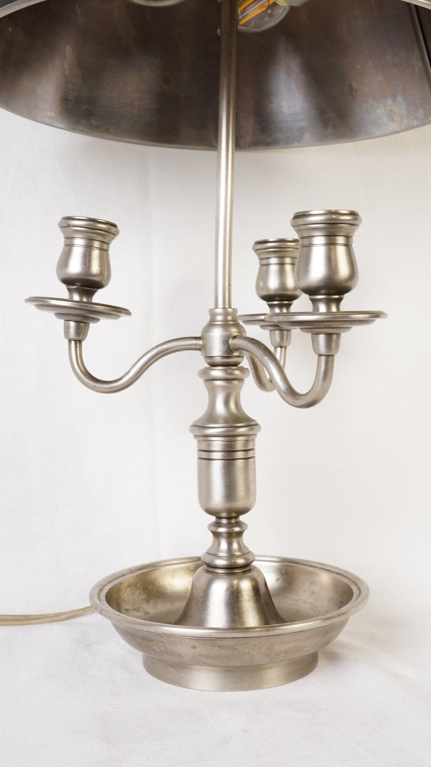 French Bouillotte Style Pewter-Toned Table Lamp with Adjustable Black Tole Shade