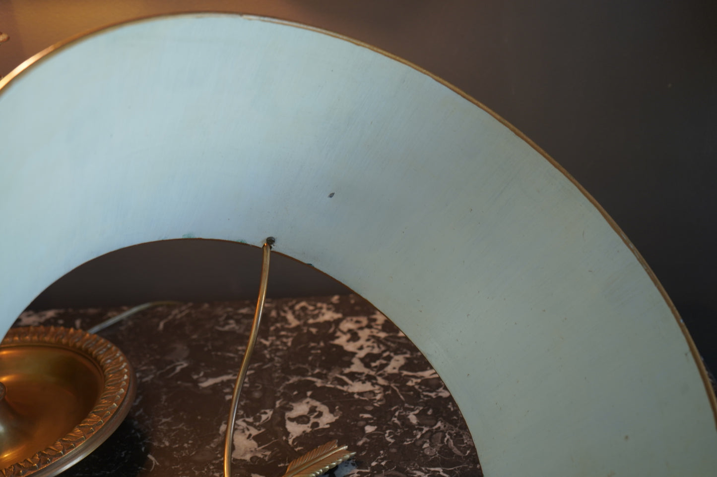 Antique French Bouillotte Lamp with Hand-Painted Tole Shade | Gilt Bronze / Brass Mix, Neoclassical, c.1920