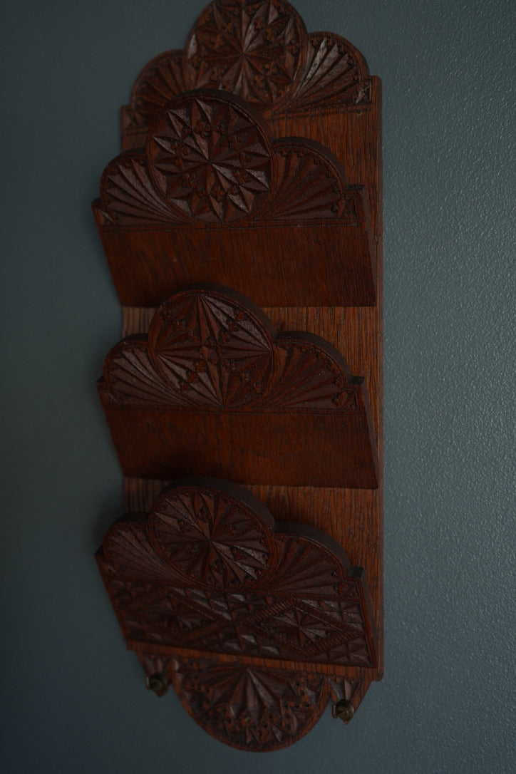 Antique Hand-Carved Oak Letter Rack with Key Hooks | Arts & Crafts Folk Carving c.1880–1910