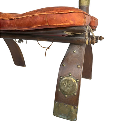 Vintage Middle Eastern Camel Saddle Stool with Embossed Leather Cushion & Brass Accents (c. 1950s)