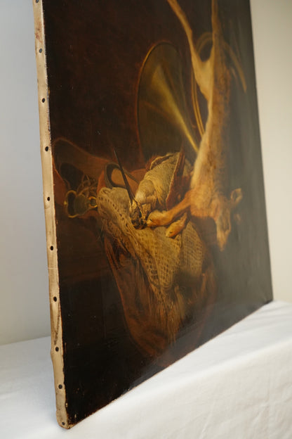 Antique Large 19th Century Continental Hunting Still Life Oil Painting, Hare and Horn