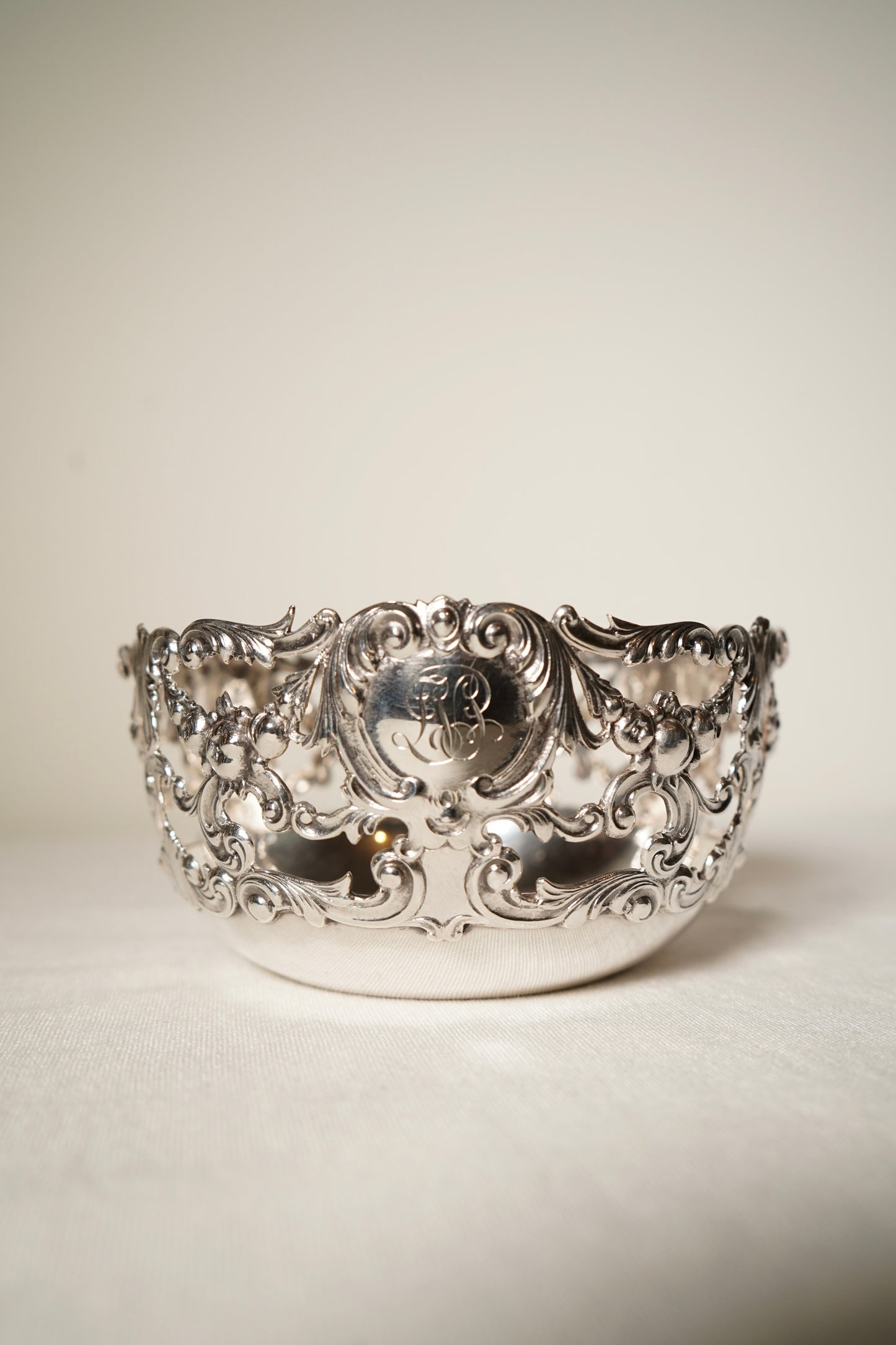Antique Sterling Silver Rococo Revival Reticulated Bowl with Monogram, American Gilded Age Circa 1890