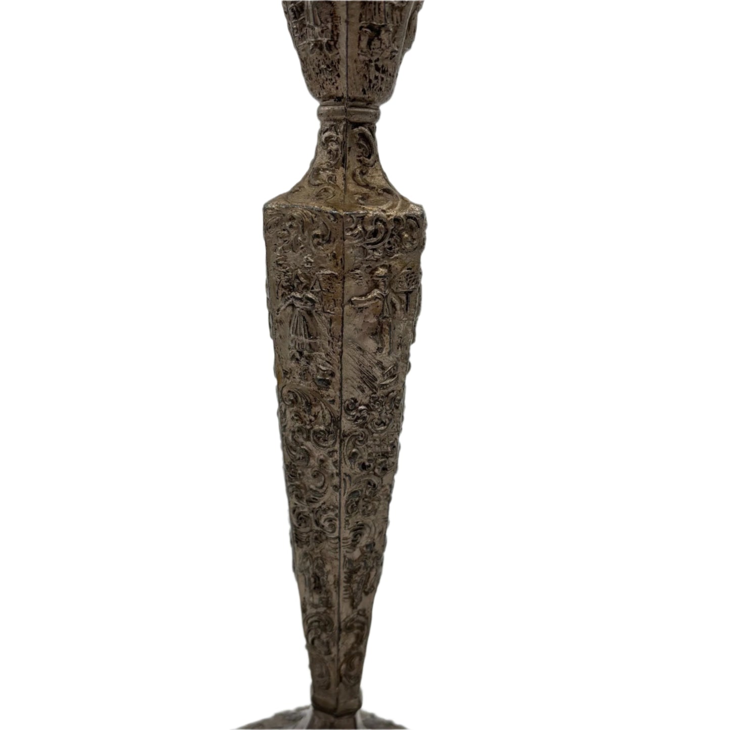 Pair of Weidlich Brothers Dutch Windmill Repoussee Silver Plated Candleholders, Pair of Vintage Silver-Plated Candlestick Holders