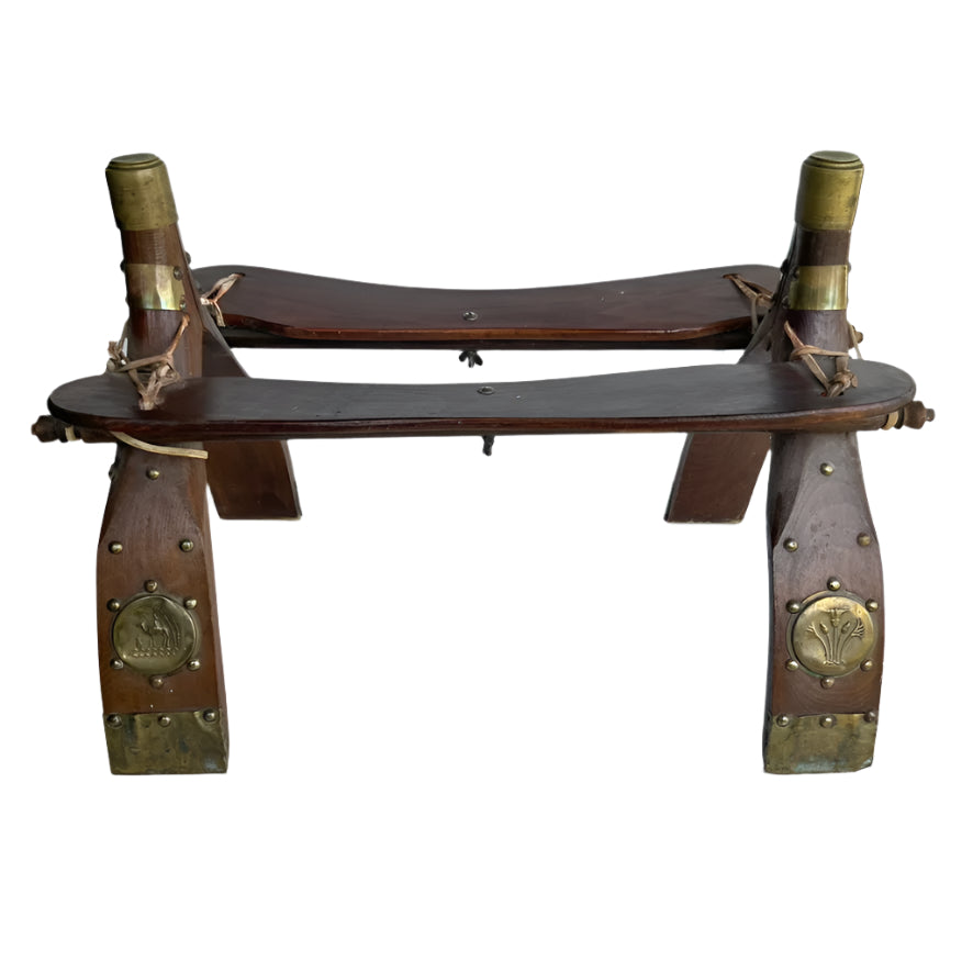 Vintage Middle Eastern Camel Saddle Stool with Embossed Leather Cushion & Brass Accents (c. 1950s)