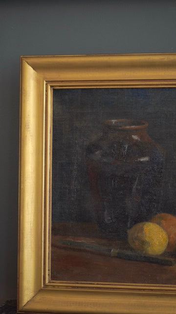 Antique 1905 Oil Painting Still Life with Fruit, Book & Earthenware Jar | Signed K.E.