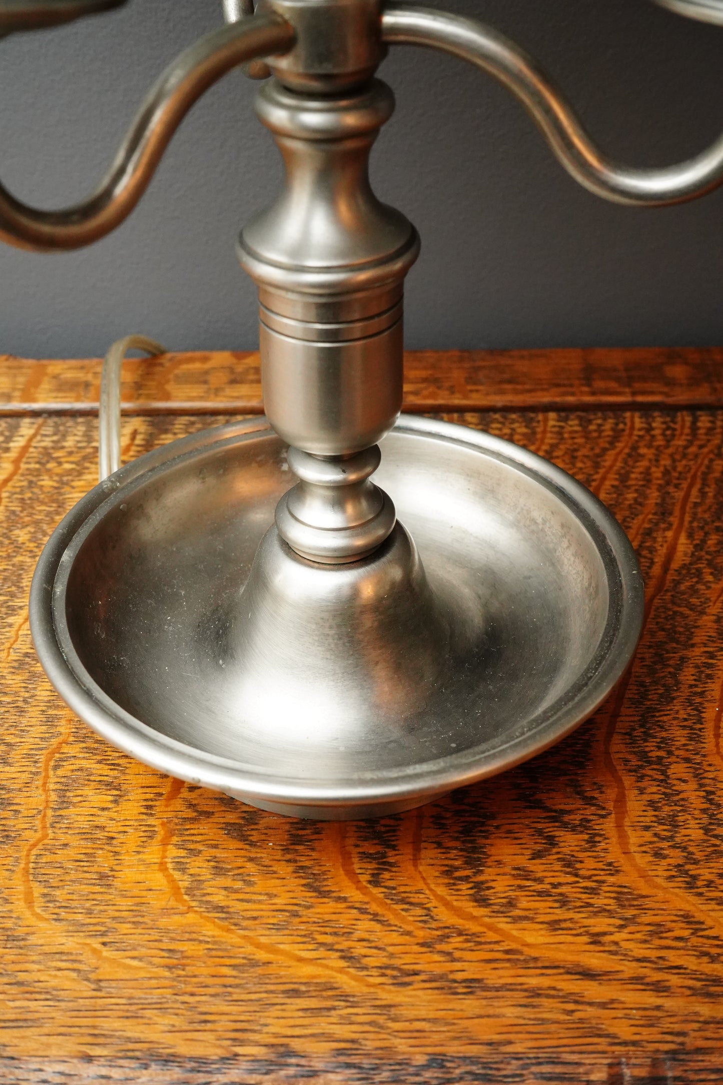 French Bouillotte Style Pewter-Toned Table Lamp with Adjustable Black Tole Shade