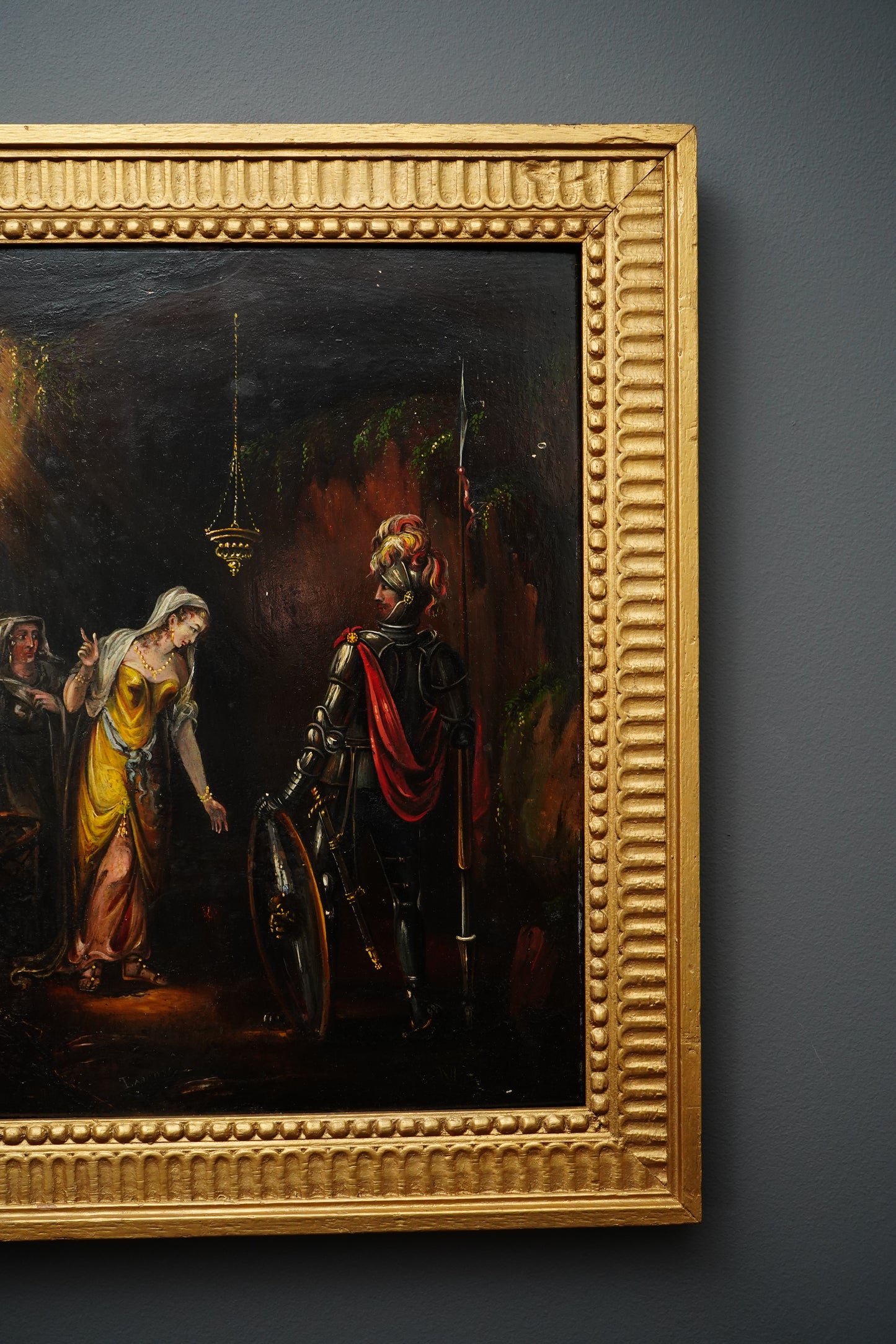 Antique Troubadour Style Chivalric Scene Oil Painting