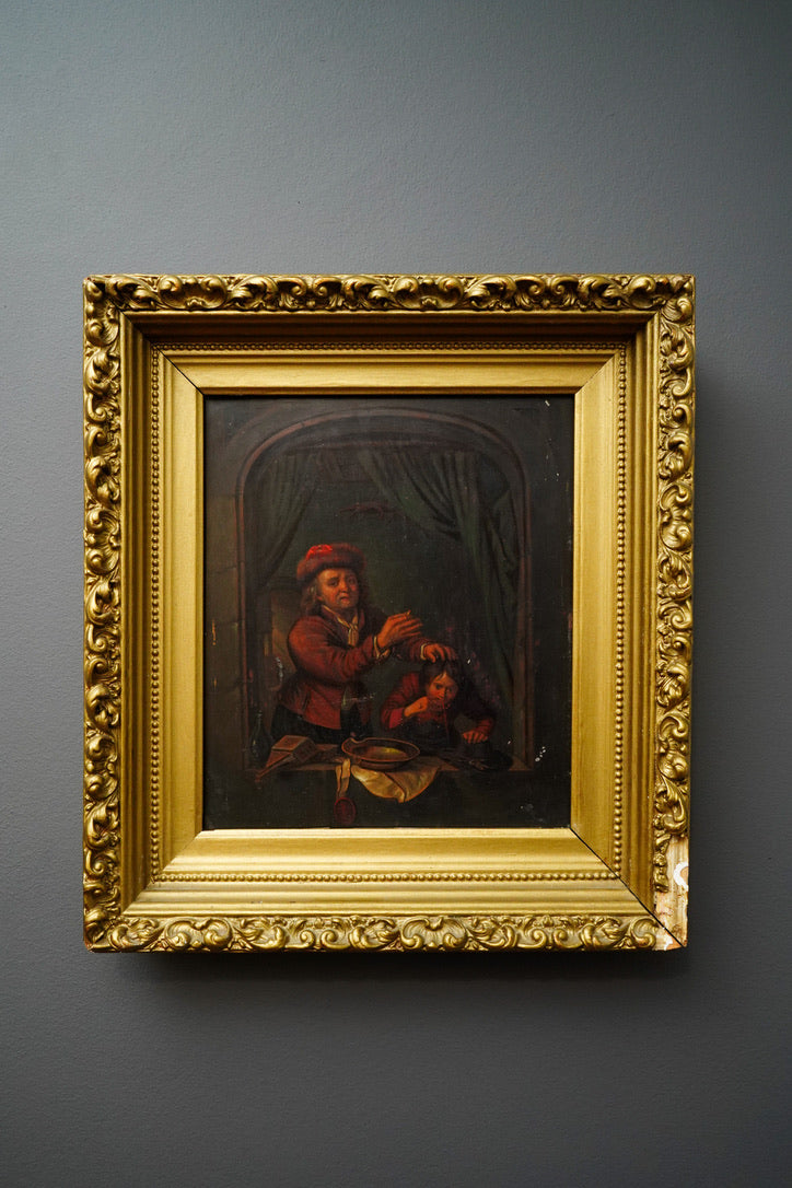 Antique Dutch Genre Oil on Metal Painting, “The Scholar” Pendant to “The Dentist”