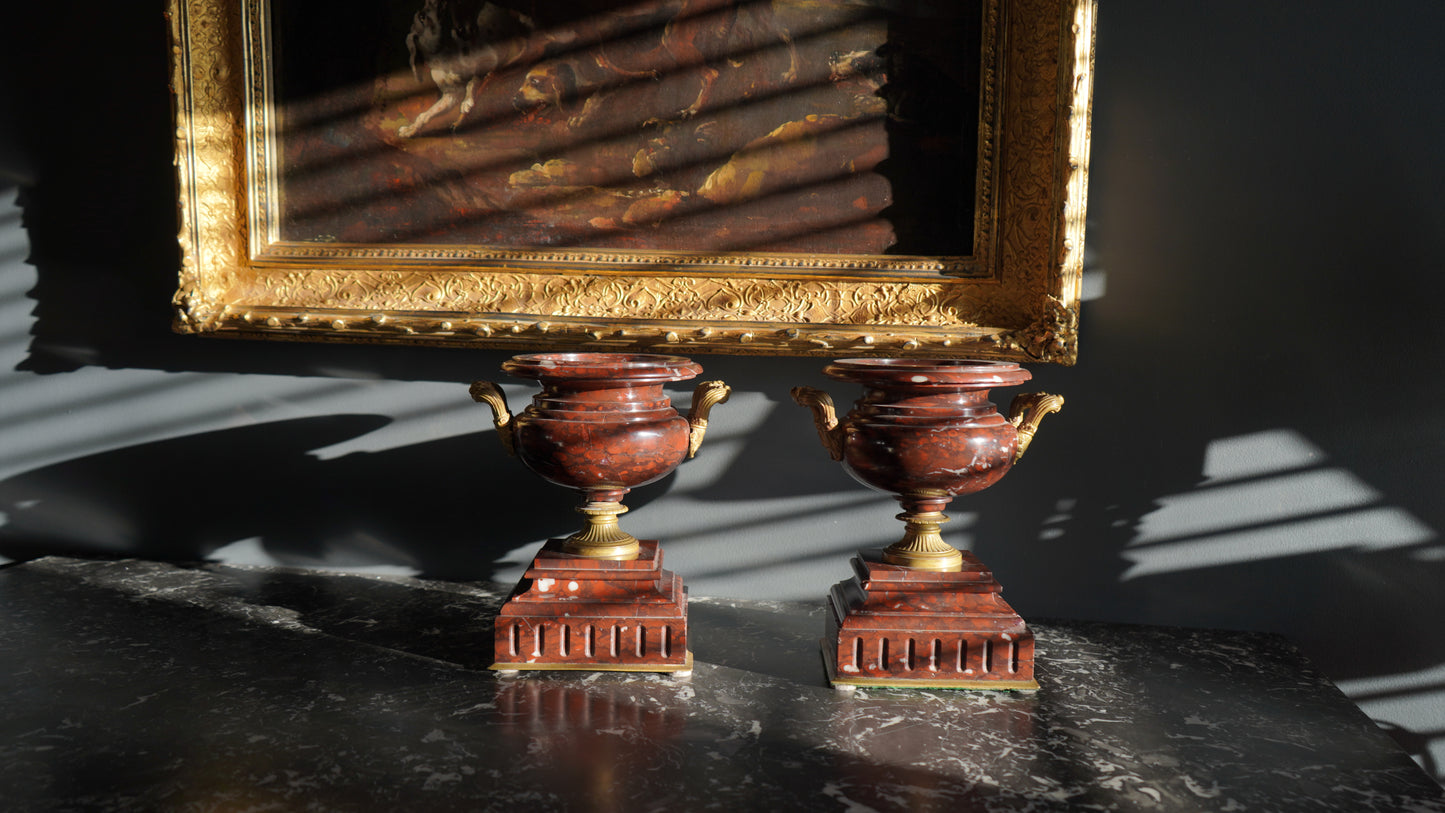 Pair of Napoleon III Rouge Royal Marble Urns, Circa 1852-1870