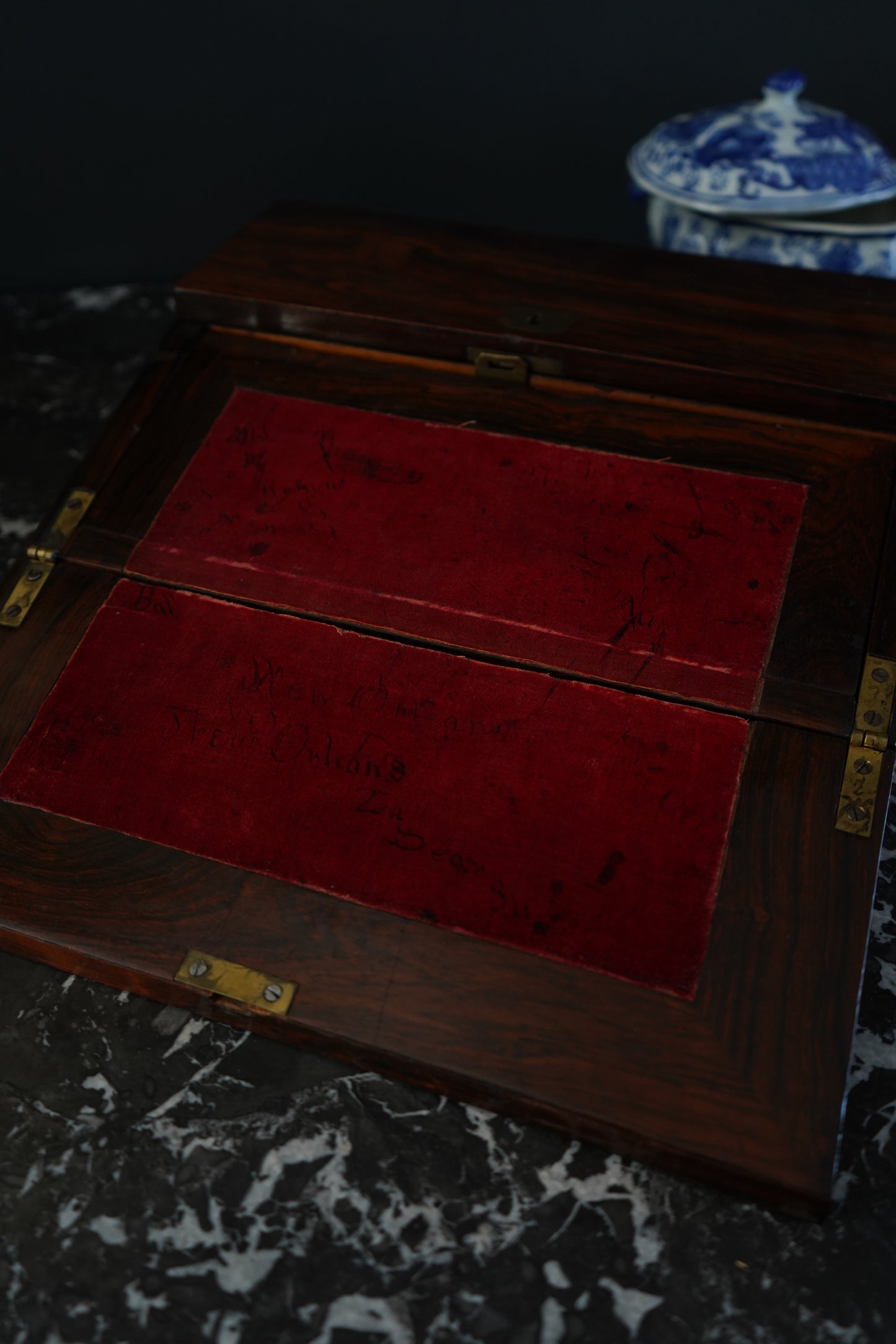 Antique Rosewood Writing Slope with Velvet Writing Surface and Inscriptions, Mid-19th Century