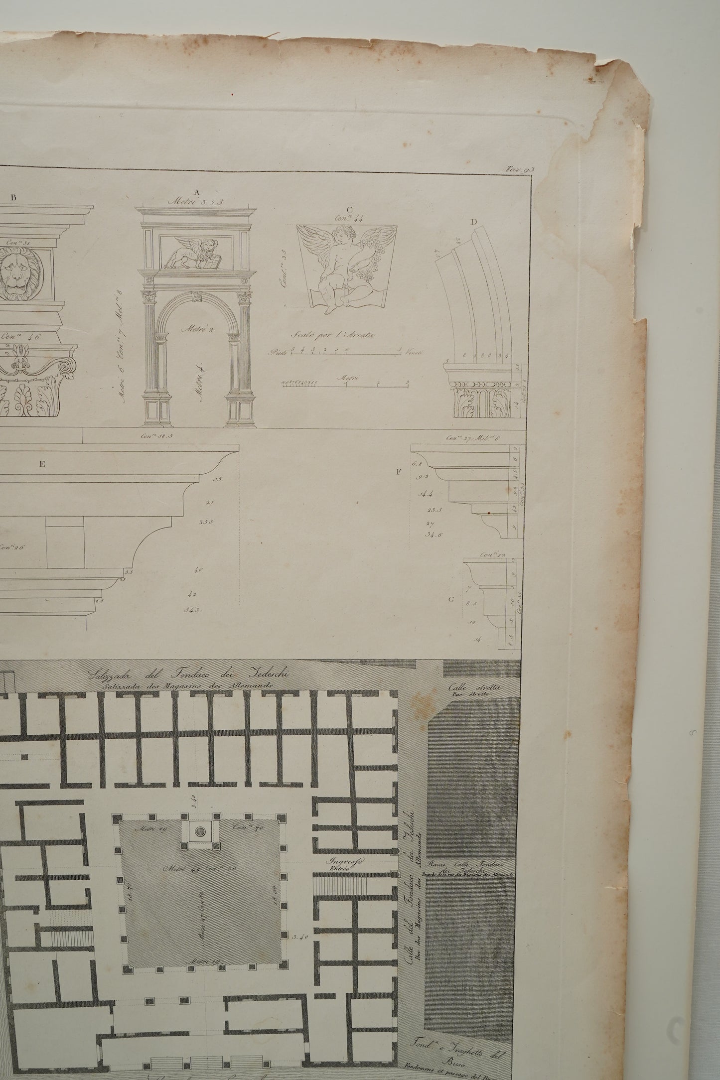 Antique Venetian Architectural Engraving, Fondaco dei Tedeschi Plan, Dionisio Moretti