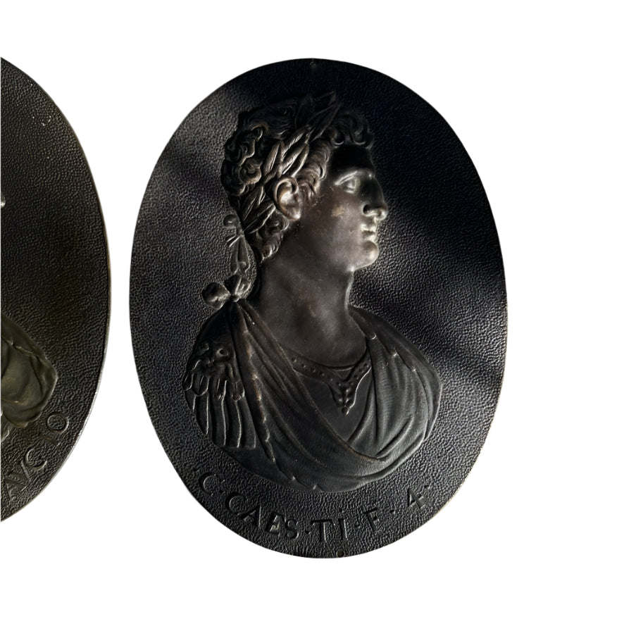 Set of 3 Antique Grand Tour Bronze Portrait Plaques – Roman Emperors Vespasian & Augustus, 19th Century Italian