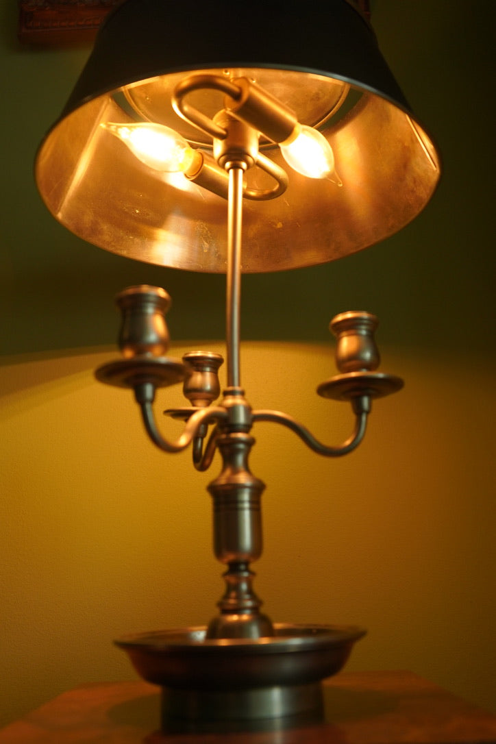 Bouillotte-Style Pewter Lamp with Adjustable Metal Shade & Dual Light Settings
