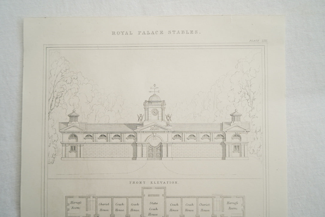 Antique Royal Palace Stables Architectural Engraving, Plate III, J. Le Keux, c. 1830–1860