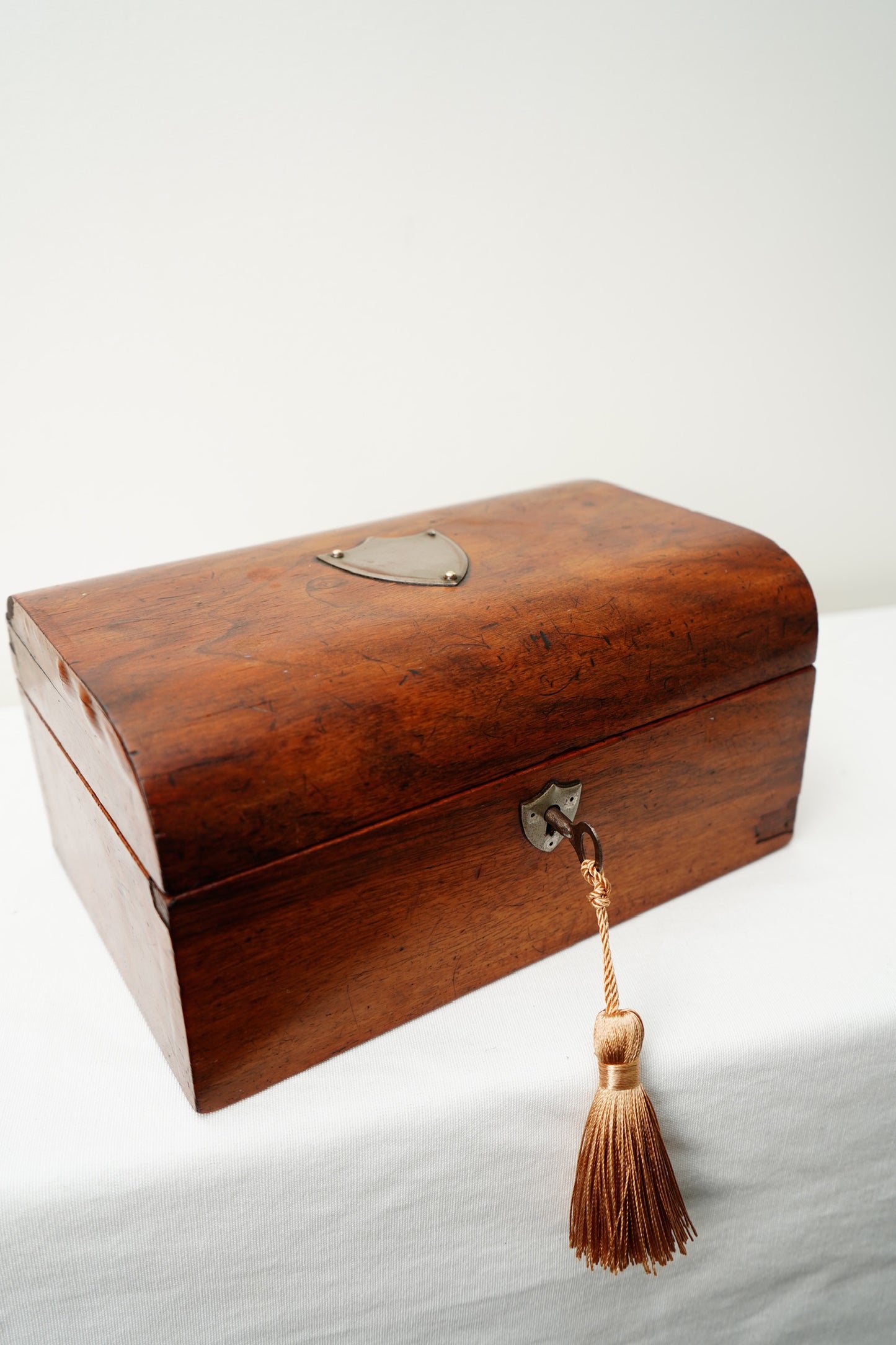 Antique English Dome-Top Walnut Veneer Jewelry or Stationery Box with Key, c. 1880–1910