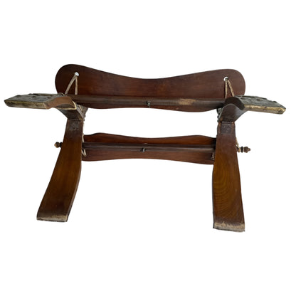 Vintage Middle Eastern Camel Saddle Stool with Embossed Leather Cushion & Brass Accents (c. 1950s)