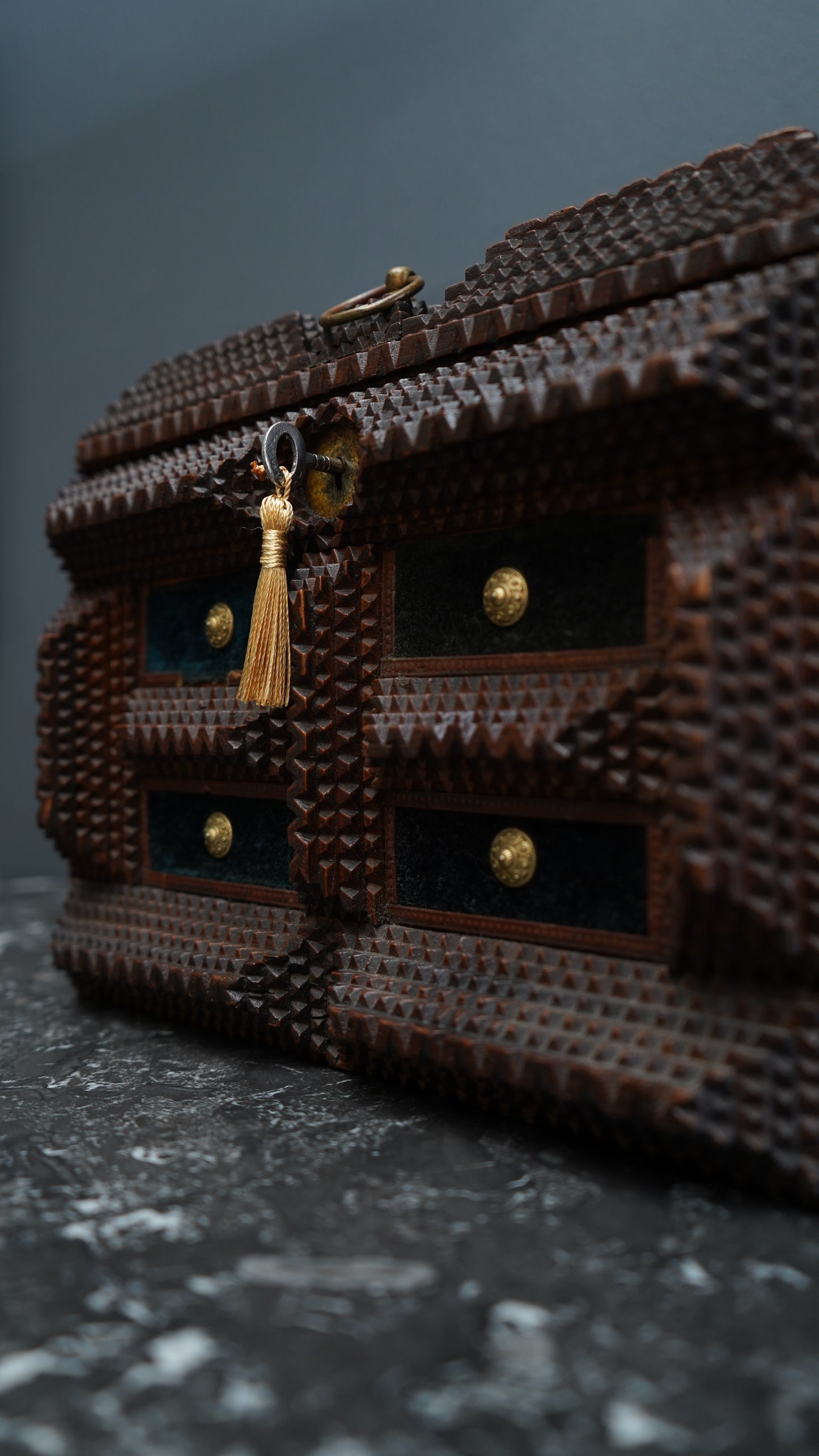 Antique Tramp Art Sewing Box with Drawers and Mirror, Hand-Carved Folk Art Keepsake Chest, Late 19th Century