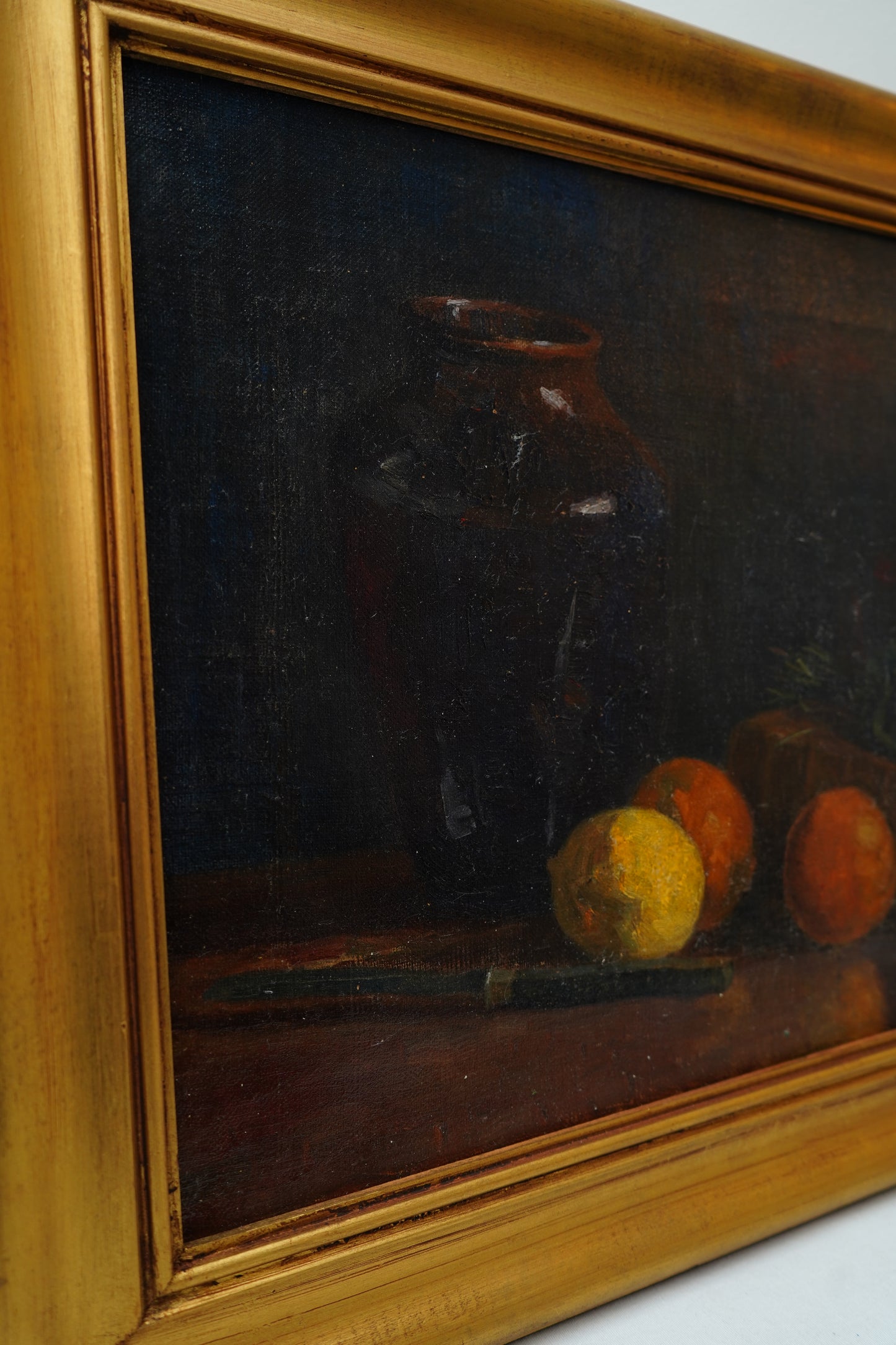Antique 1905 Oil Painting Still Life with Fruit, Book & Earthenware Jar | Signed K.E.