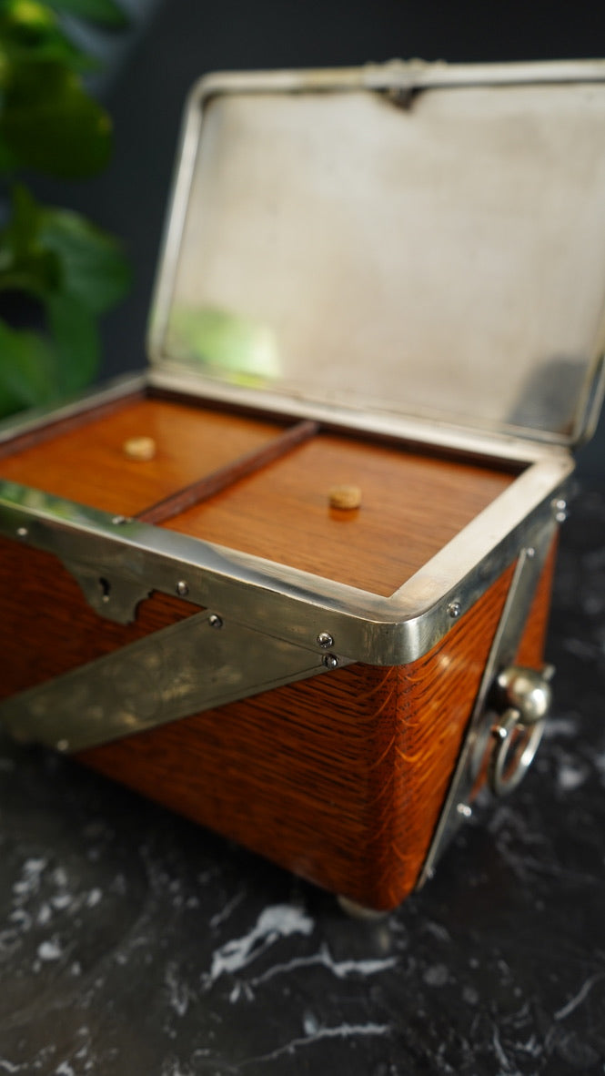 Antique English Oak and Silver-Plated Twin Tea Caddy | John Grinsell & Sons, c.1895–1910