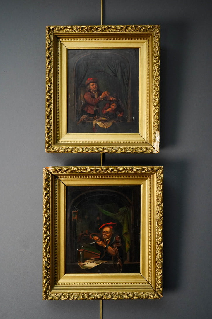Antique Dutch Genre Oil on Metal Painting, “The Scholar” Pendant to “The Dentist”