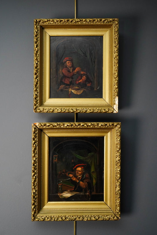 Antique Dutch Genre Oil on Metal Painting, “The Scholar” Pendant to “The Dentist”