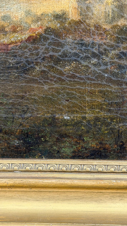 Antique English Oil Painting, Yorkshire Landscape with Ruins, Attributed to P. Carter, 19th Century