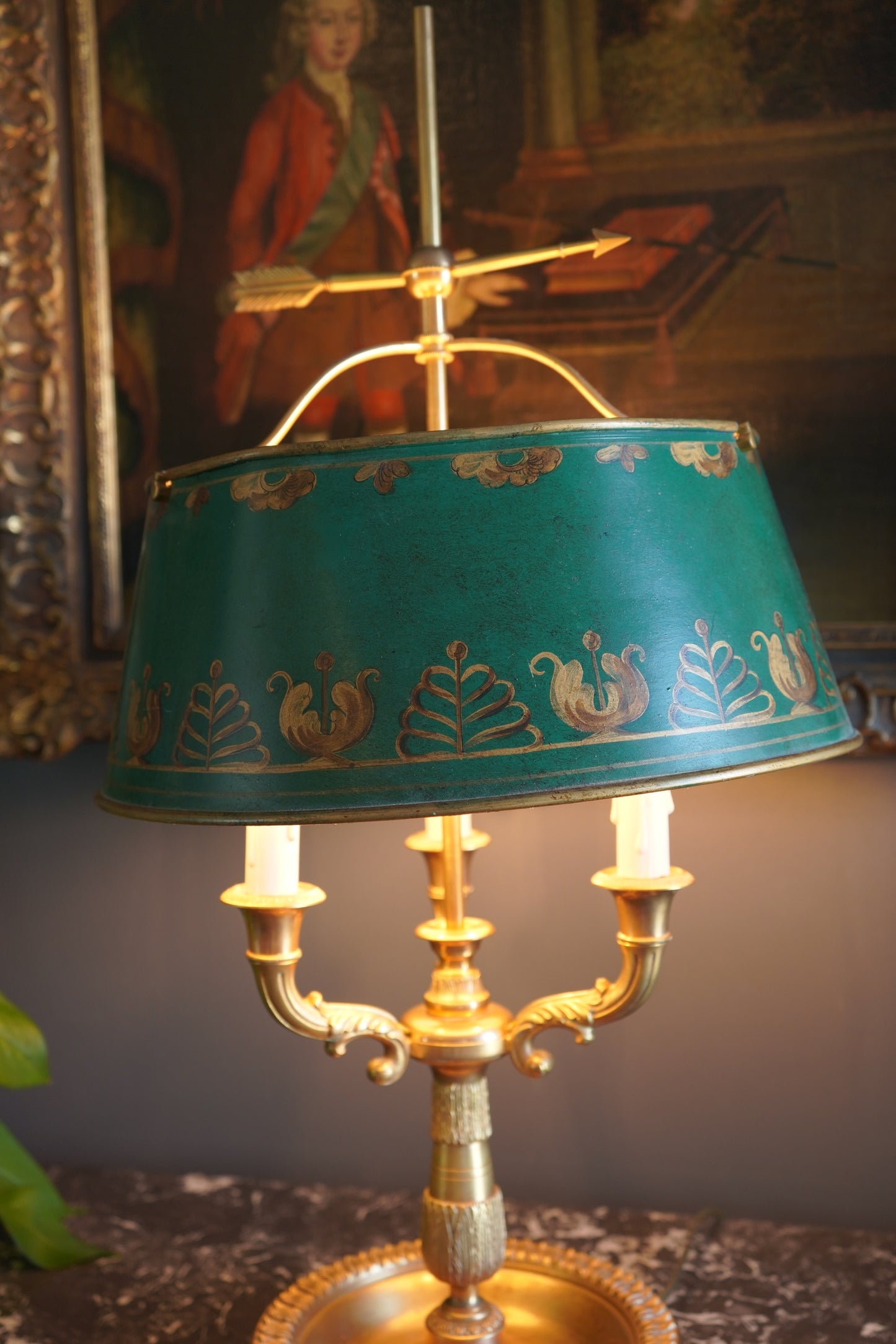 Antique French Bouillotte Lamp with Hand-Painted Tole Shade | Gilt Bronze / Brass Mix, Neoclassical, c.1920