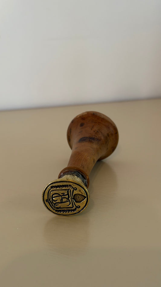 Antique French Armorial Wax Seal Fruitwood Brass Ca. 1880