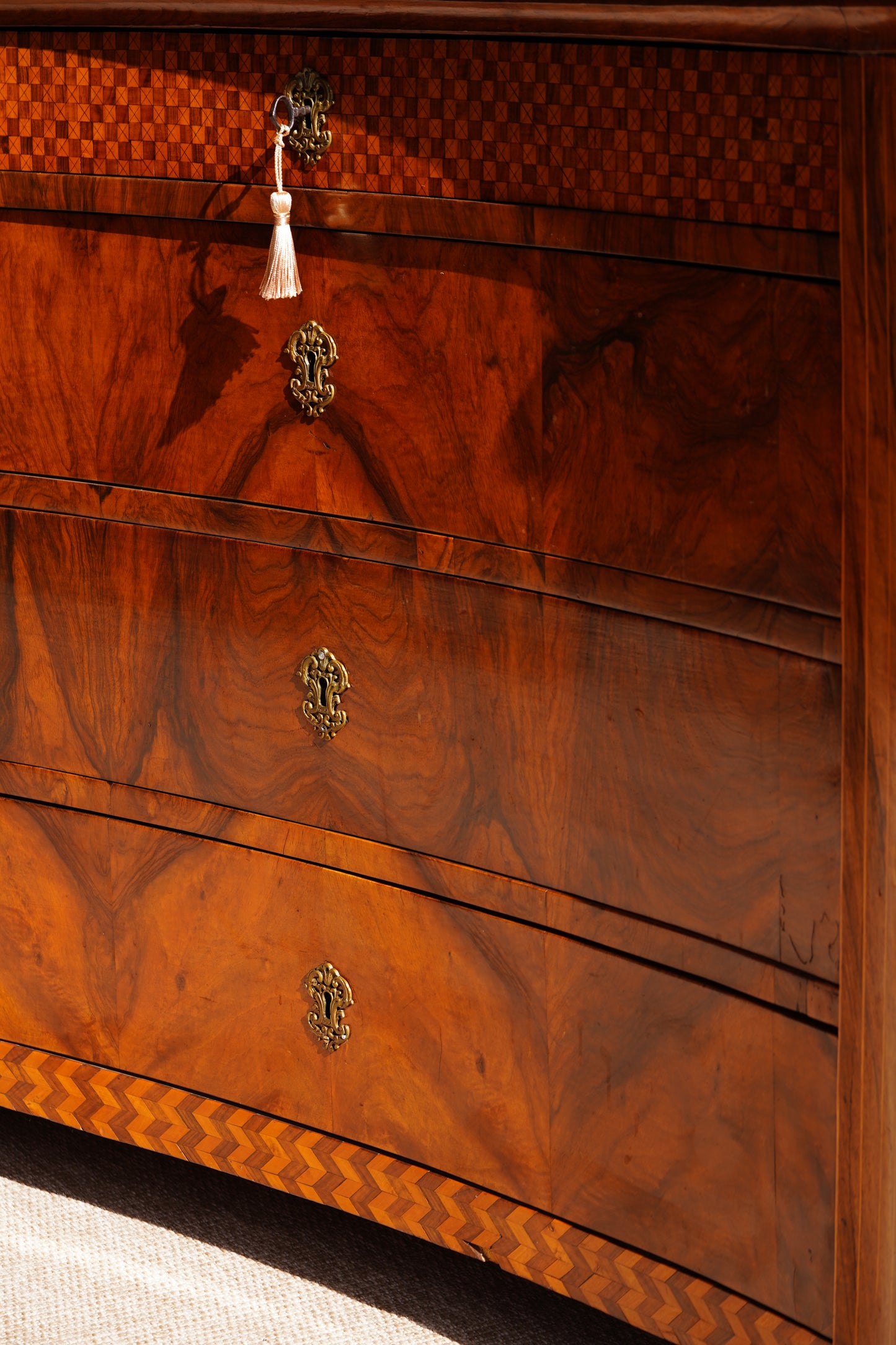 Antique Walnut Parquetry Commode with Side Cabinets