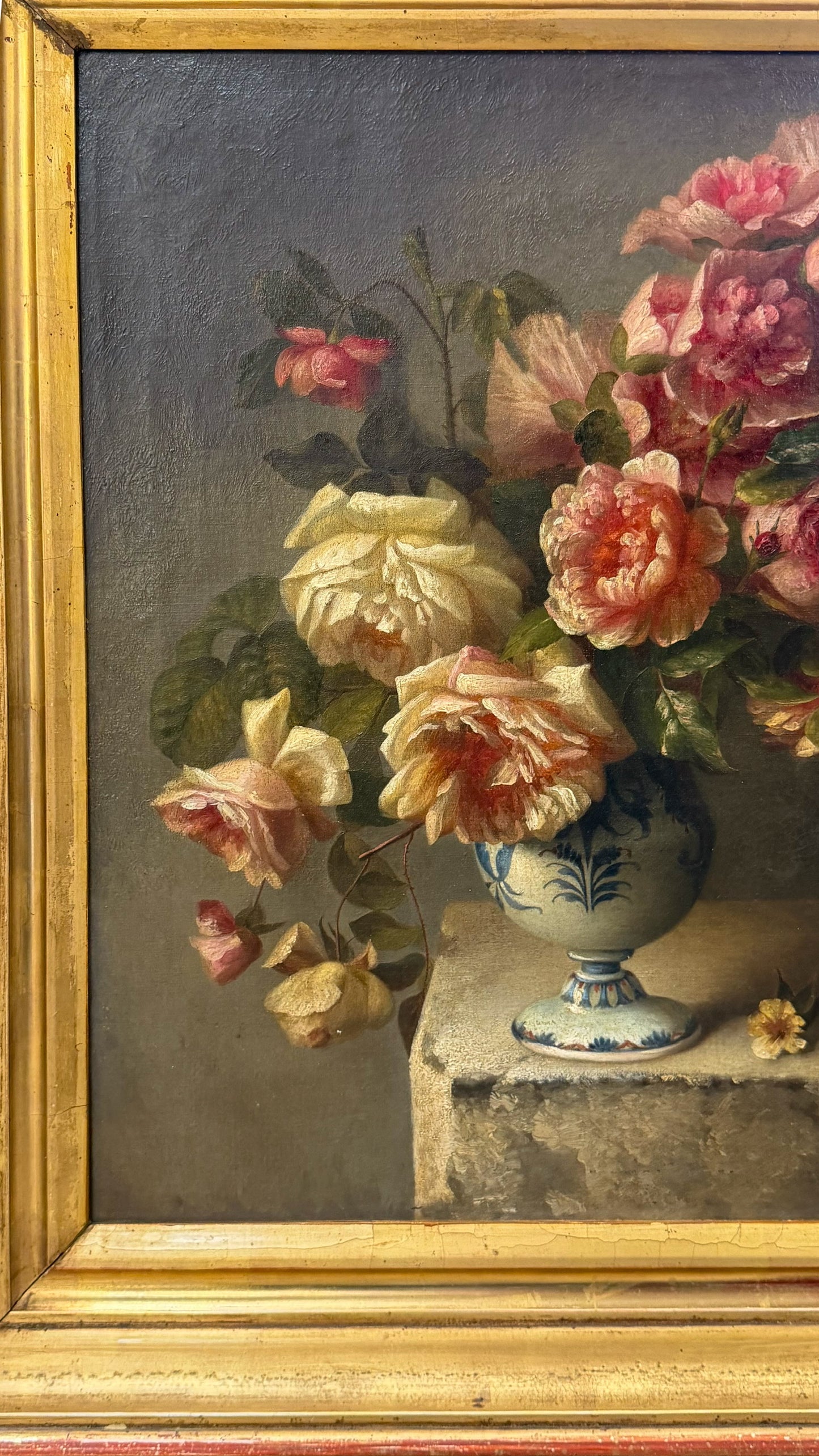 Antique Oil Painting Roses in Blue and White Vase