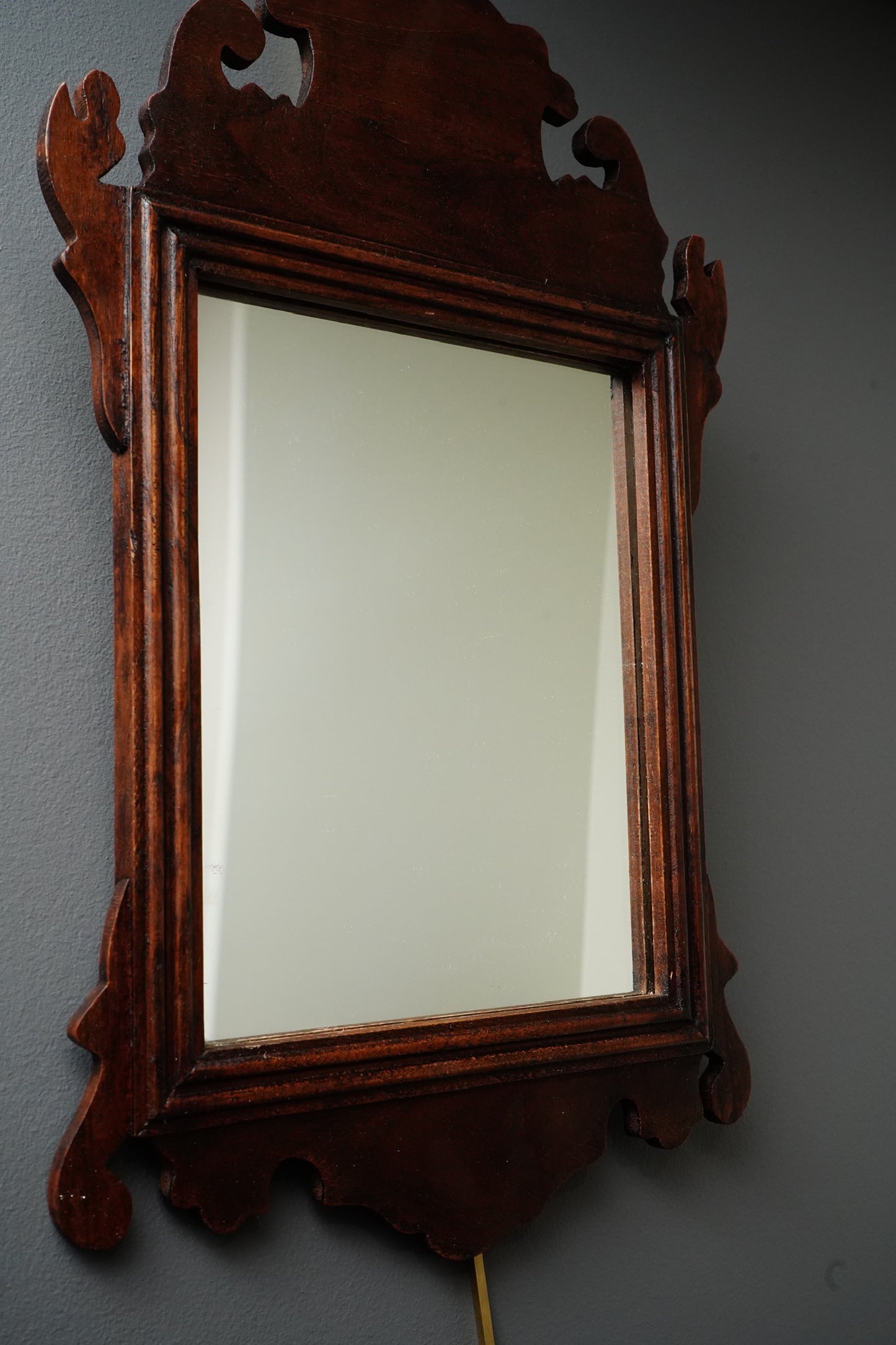 Antique-Style Chippendale Revival Wood Wall Mirror with Pierced Scroll Crest
