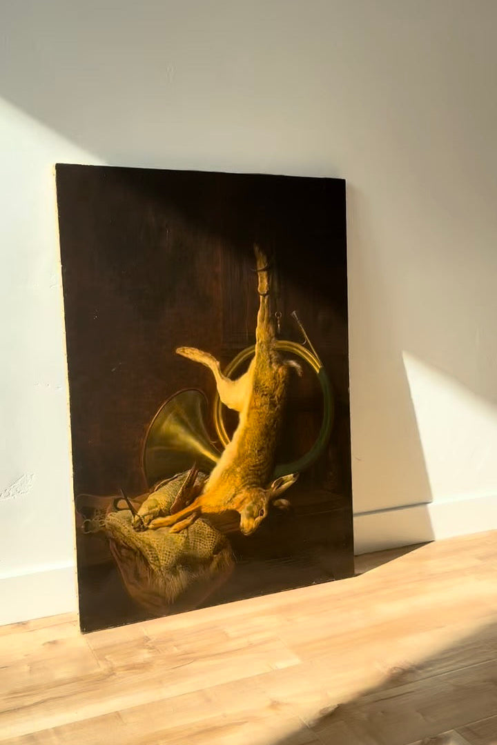 19th Century Game Hunt Rabbit Oil Painting, Large Unframed European Hunt Old Masters Oil Painting