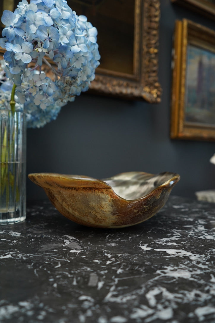 Antique Hand-Carved Horn Bowl | Natural Polished Horn Decorative Vessel