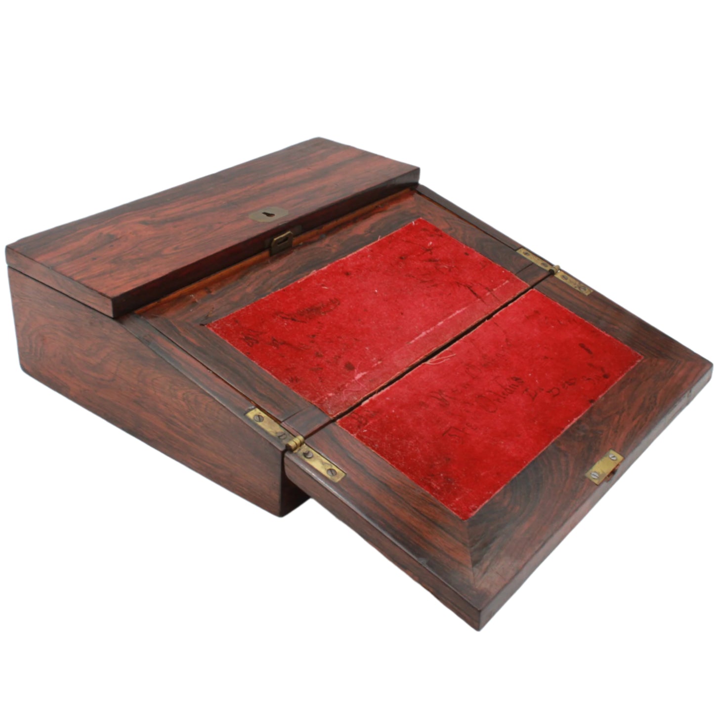 Antique Rosewood Writing Slope with Velvet Writing Surface and Inscriptions, Mid-19th Century