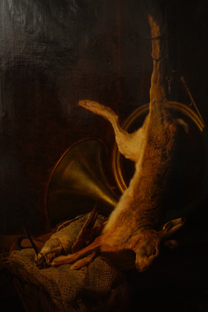 Antique Large 19th Century Continental Hunting Still Life Oil Painting, Hare and Horn